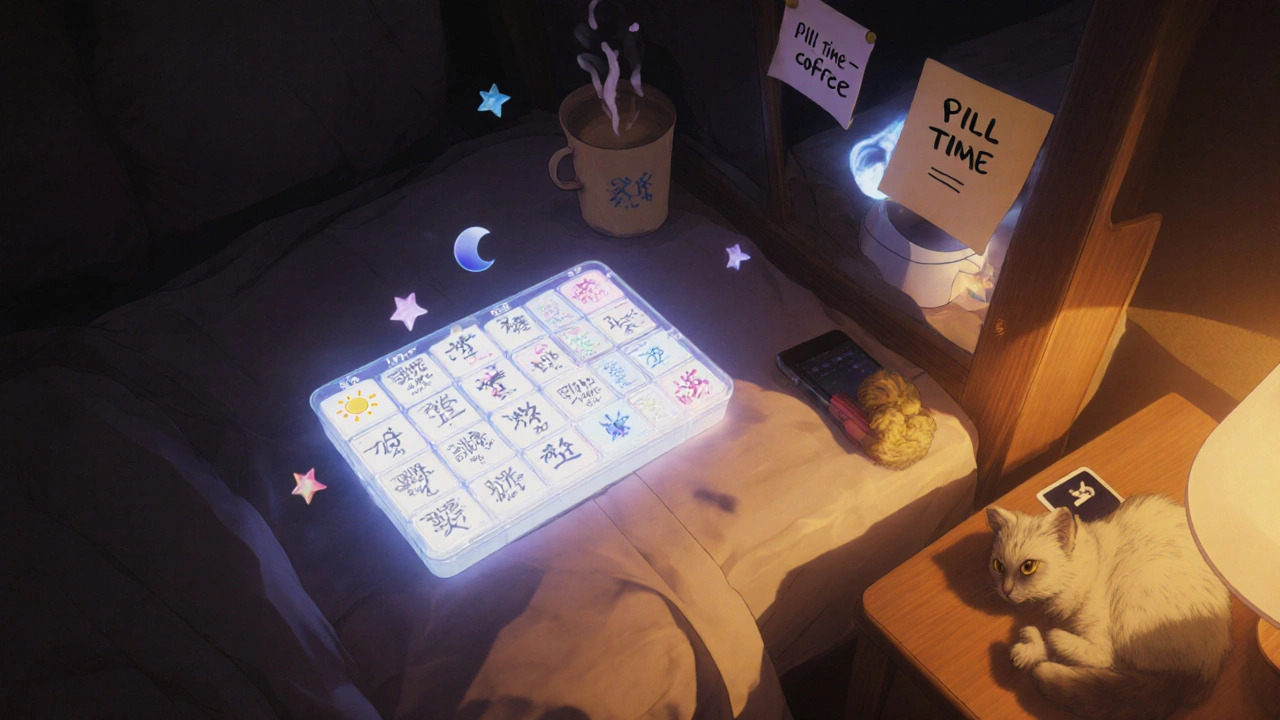 A glowing pill organizer and voice note reminder illuminate a cozy bedroom at night.