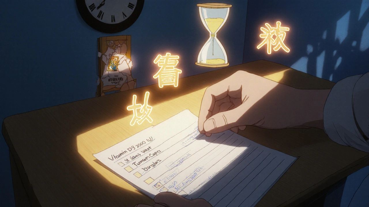 A handwritten supplement list glows with animated symbols on a clinic desk, casting warning shadows.
