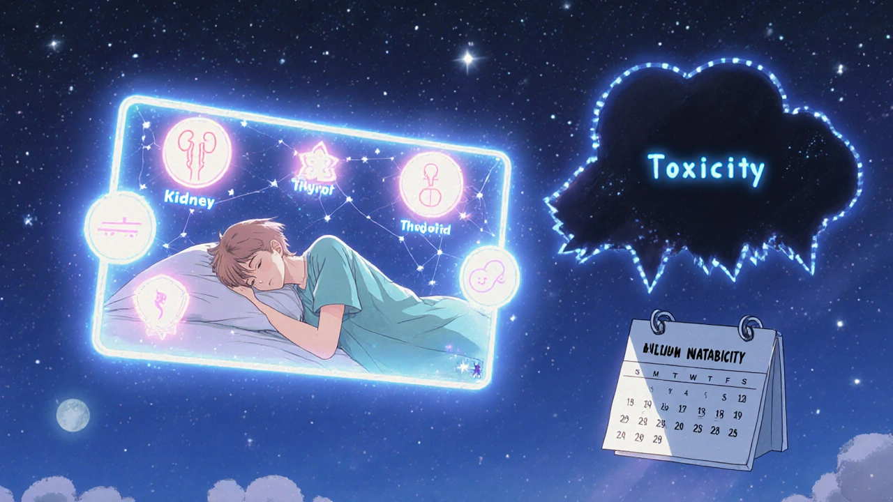 A medical dashboard of vital organs glows like stars in the night sky, protecting a sleeping patient from a toxic storm.