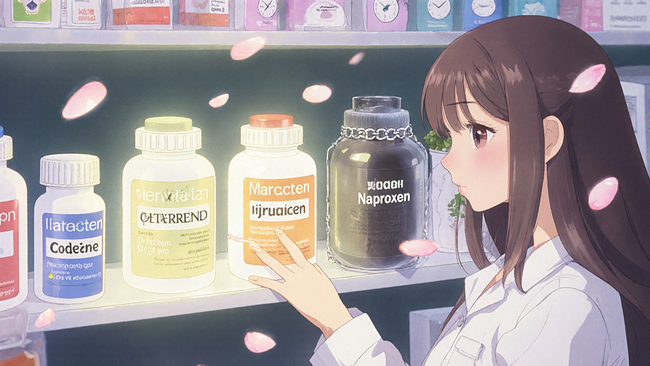 A mother picks safe pain relievers from a glowing pharmacy shelf while risky pills are locked away.