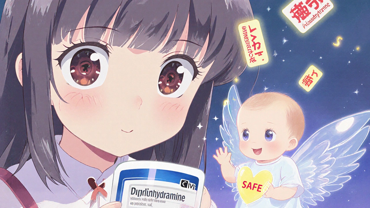 A mother reads a medicine label as warning symbols float away, protected by a smiling baby figure.