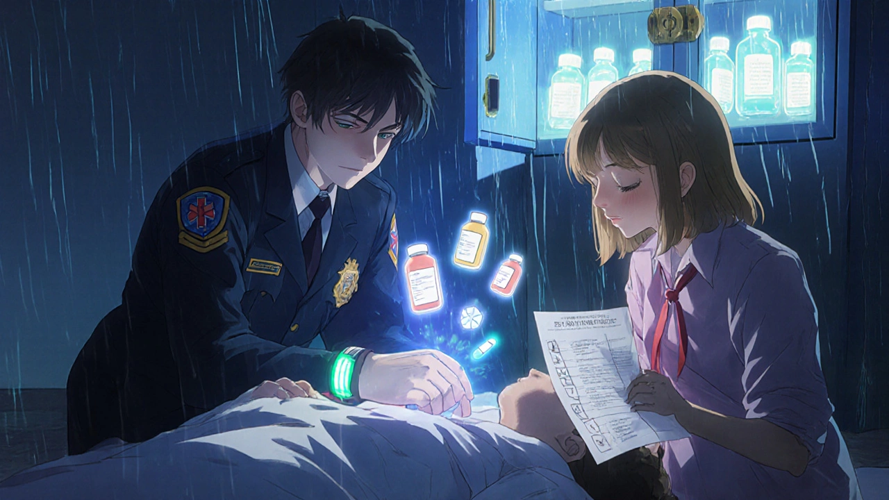 A paramedic attends to an unconscious patient as a glowing medical bracelet reveals hidden medication info.