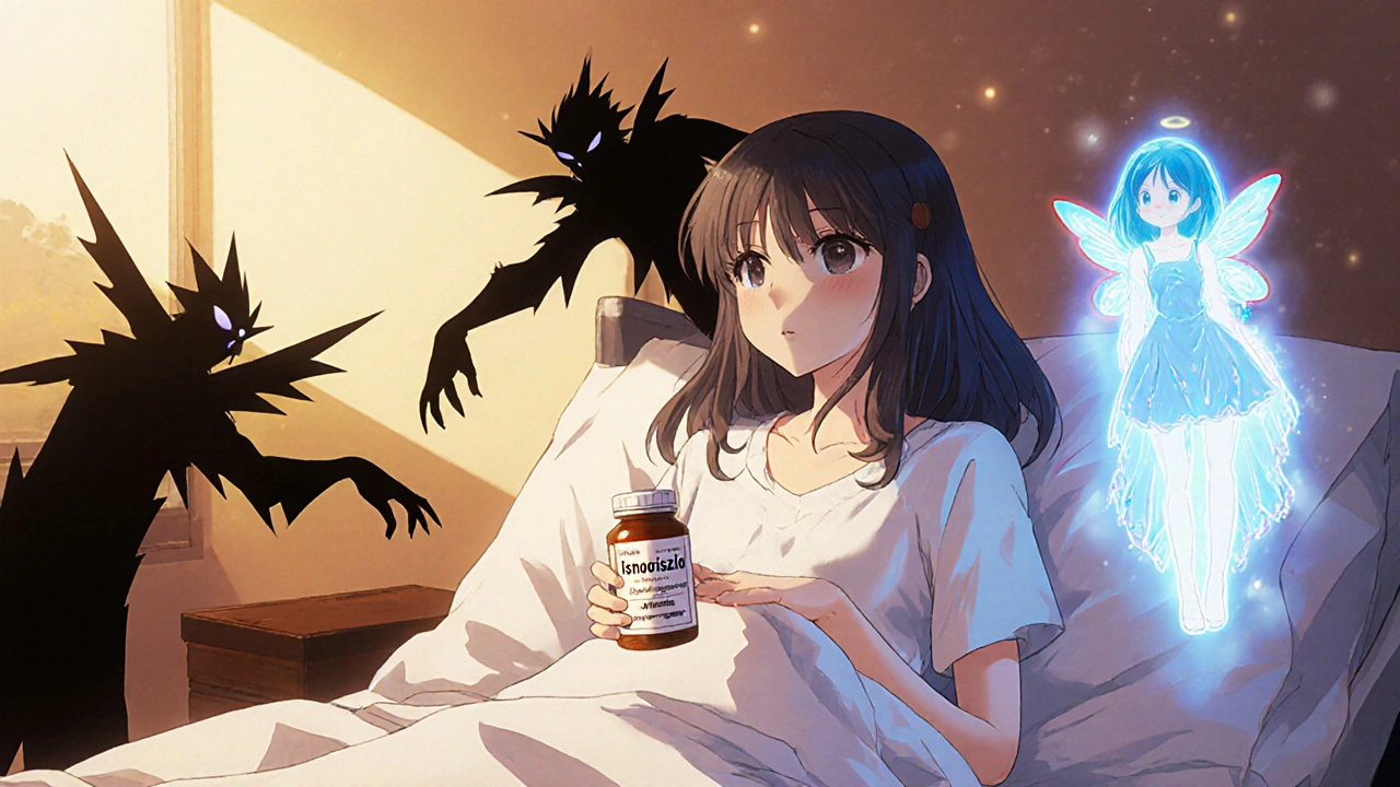 A patient surrounded by dangerous drug spirits, protected by a vitamin fairy with rising liver levels