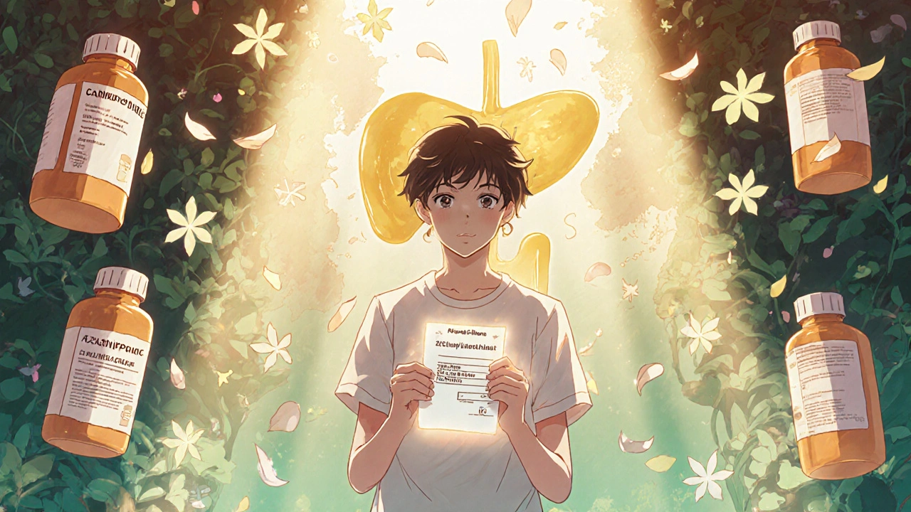 A person in a garden as old medications turn to petals, with a glowing pancreas in their chest.