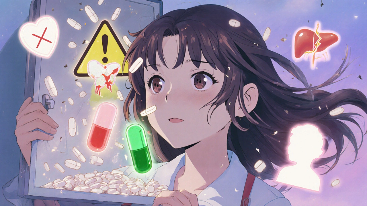 A person opening a medicine cabinet as aspirin rains down while safer alternatives glow beside warning symbols.