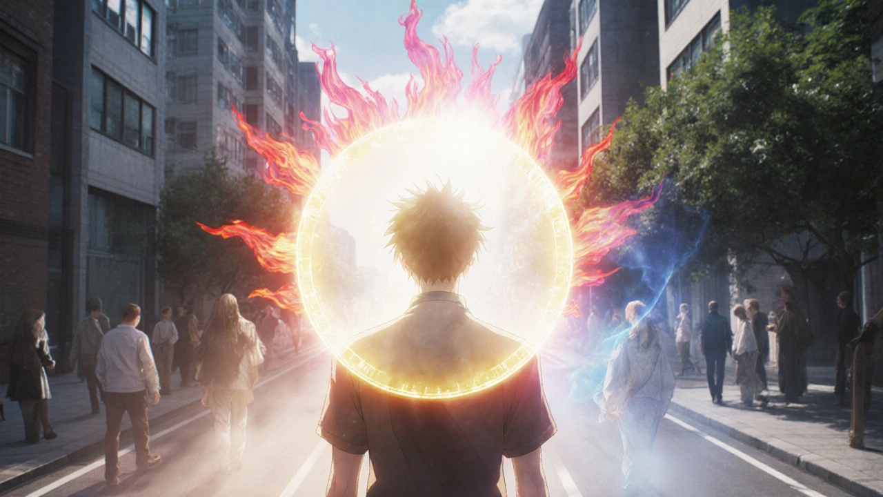 A person surrounded by a glowing sunburst shield blocking UV rays, while others around them fade into gray tones under daylight.