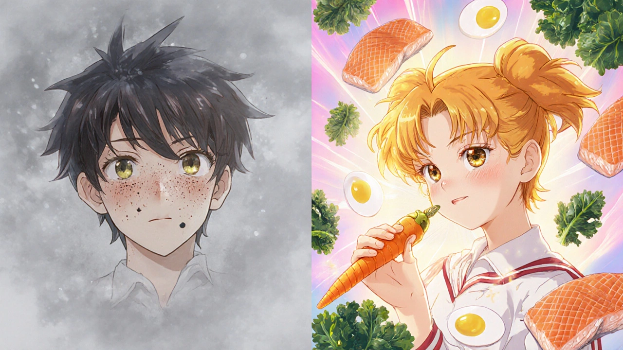 A person transforms from dull and tired to radiant, with healthy food emitting energy to heal their skin and vision.