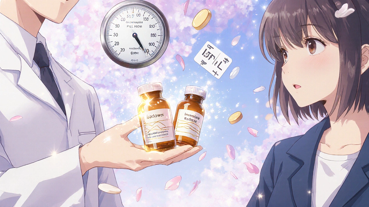 A pharmacist hands a pill bottle that transforms into two different tablet types with absorption rate lines glowing in the air.