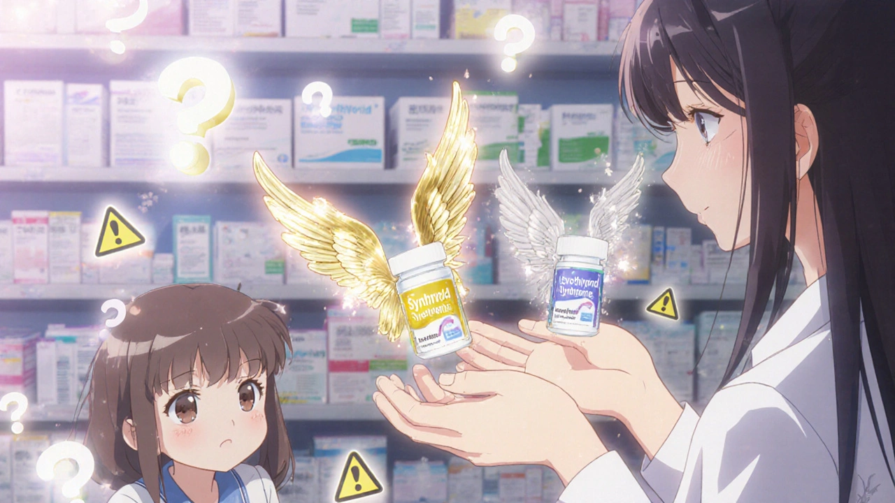 A pharmacist holds two pills, one glowing golden, the other fading, as a girl watches anxiously in a soft pastel pharmacy.