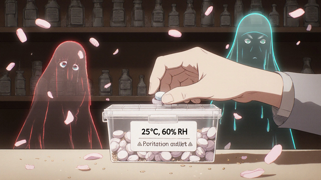 A pharmacist placing a pill in a labeled storage box, while ghostly degraded pills crumble behind her under heat and moisture waves.