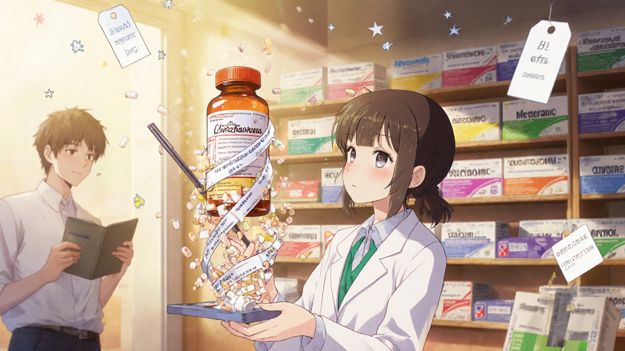 A pharmacist transforms a brand-name drug bottle into falling generic capsules with magical price tags.