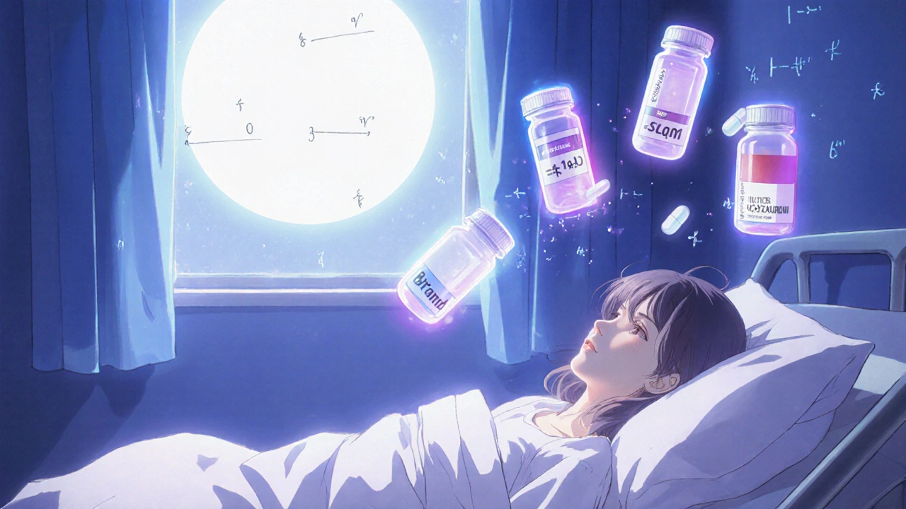 A sleeping patient with floating, flickering generic pill bottles above their bed in a moonlit hospital room.