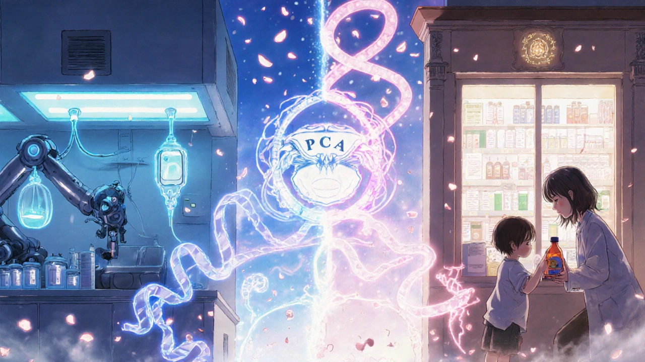 A split scene showing sterile and personal compounding pharmacies connected by a magical bridge of scrolls and petals.