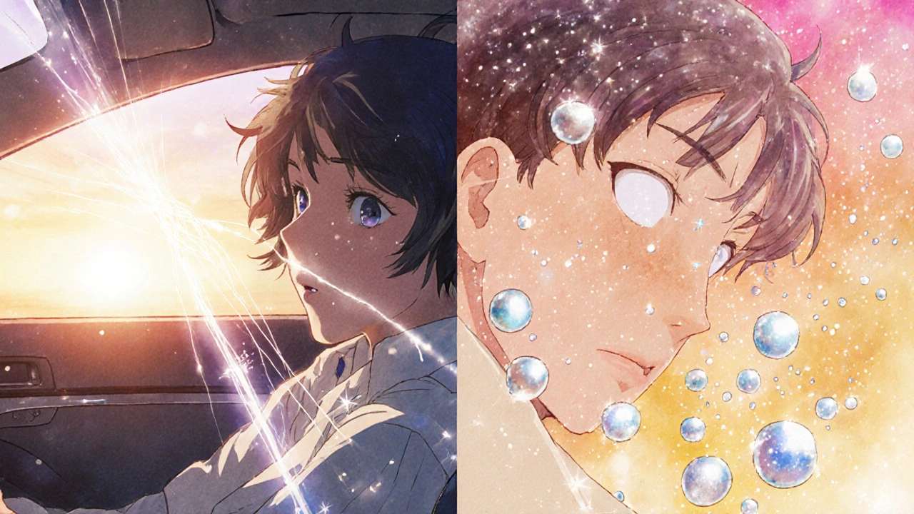 A split scene showing UVA rays penetrating a car window on one side, and sunscreen reflecting them like fairy dust on the other.