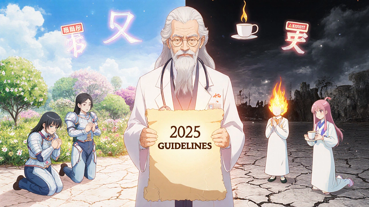 An elderly doctor with medicine spirits bowing before a glowing scroll, set against a healthy and damaged landscape.