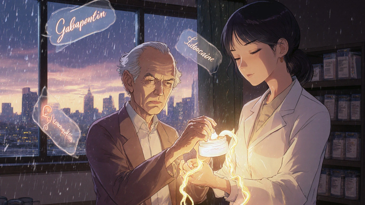 An elderly person applies a glowing cream that eases pain, surrounded by floating ingredient labels and gentle rain.
