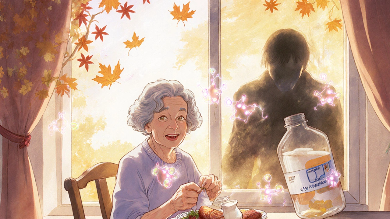 An elderly woman eats a healthy meal as glowing vitamin molecules dance around her, while a toxic supplement fades away.