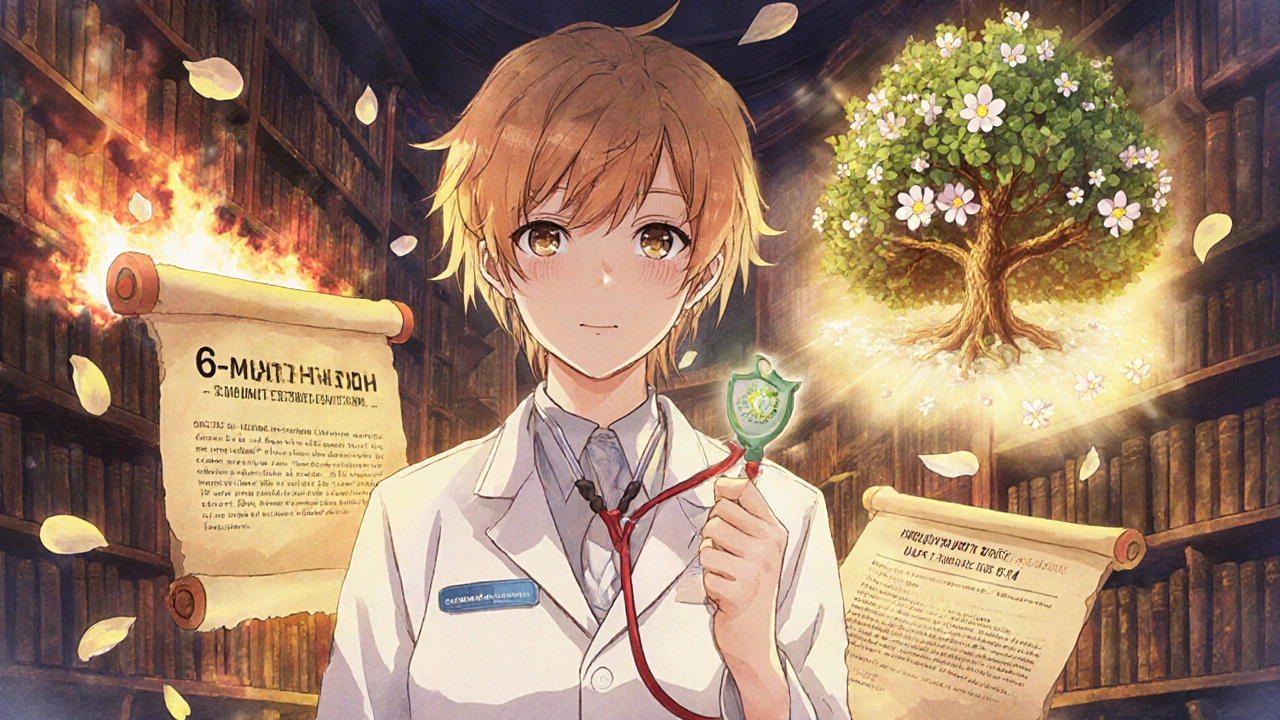 Ancient TB treatment scrolls burning as new safe regimens glow, a doctor holds a healing liver seed