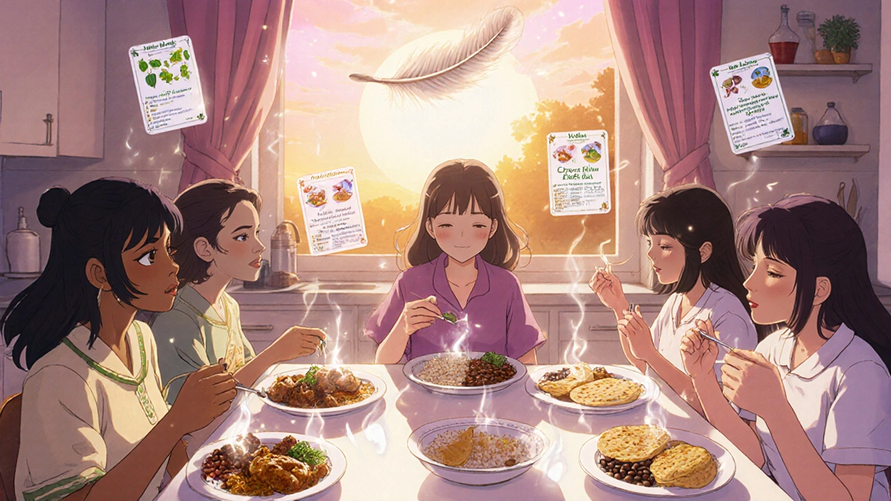 Diverse group of women sharing culturally adapted gestational diabetes meals in a sunny kitchen.