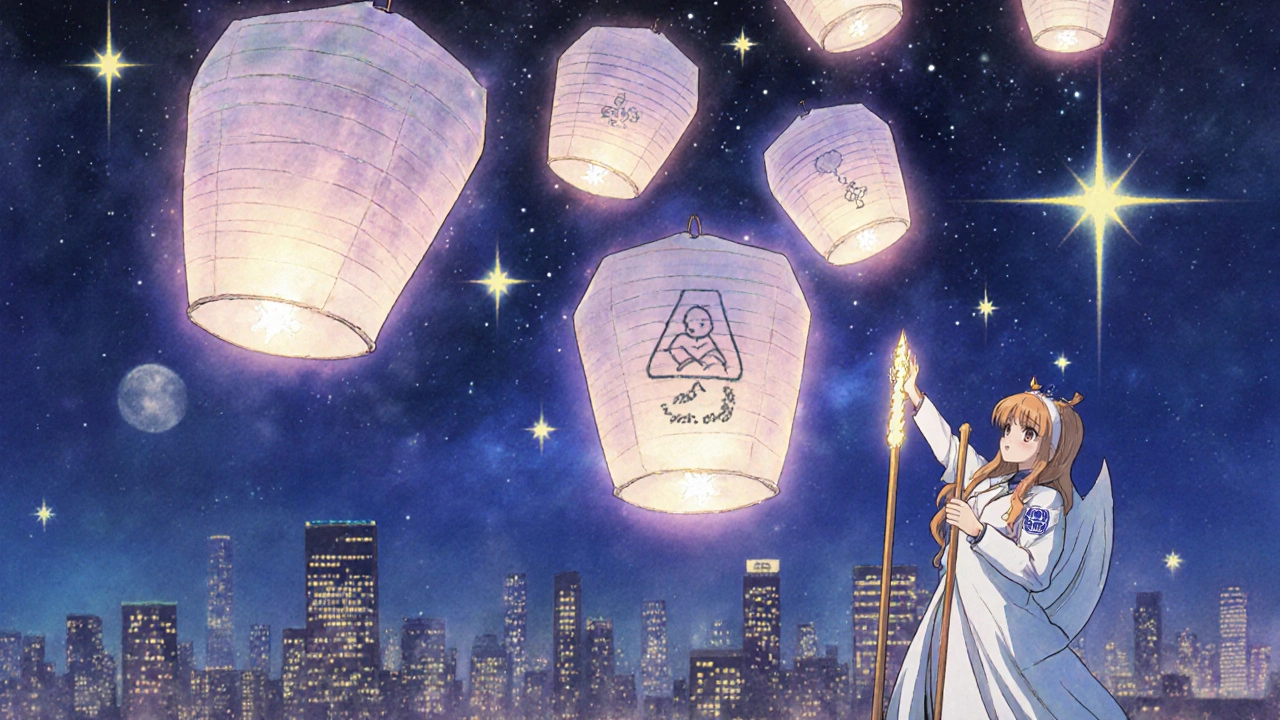 Floating VAERS reports as paper lanterns rising above a city at night, analyzed by celestial figures in lab coats.