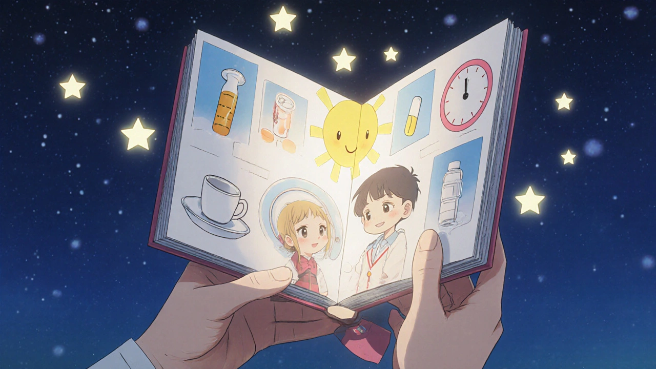 Medicine bottle turns into storybook with pictograms as parent and child read together under starry sky.
