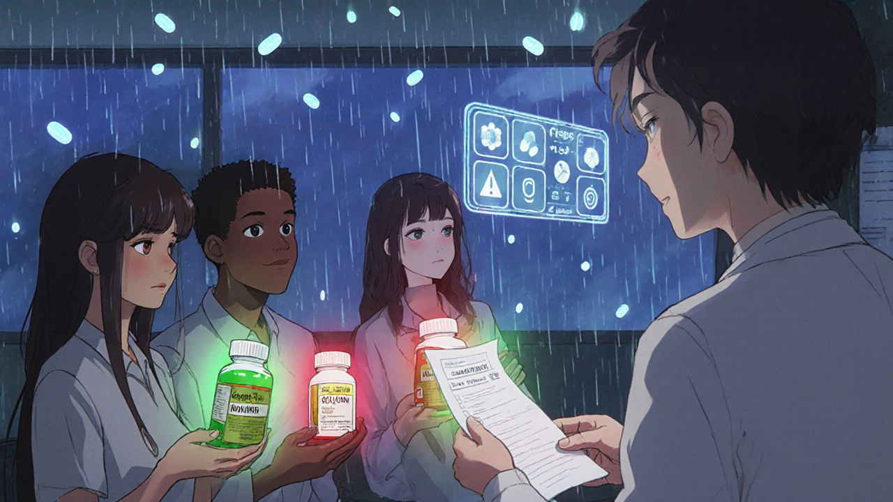 Patients in a waiting room hold bottles with colored auras, while a floating AI interface warns of interactions.