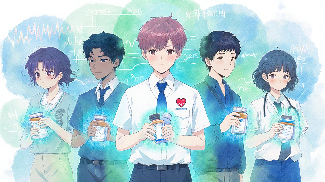 Patients with health metrics glowing around them, one flickering as generics switch, in soft anime style.