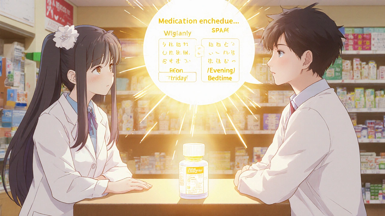 Pharmacist and patient sharing understanding as UMS schedule glows between them in magical anime lighting.