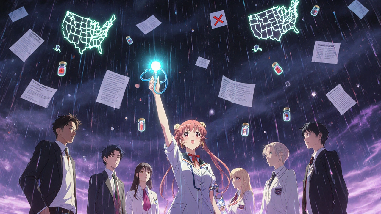 Pharmacists standing together under a stormy sky with maps showing state laws on NTI drug substitution.