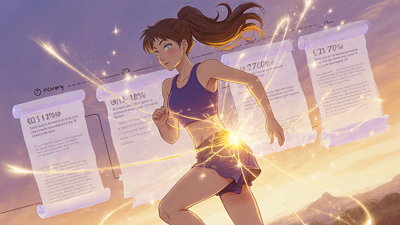 Runner in rehab with glowing energy threads connecting hip, core, and glutes