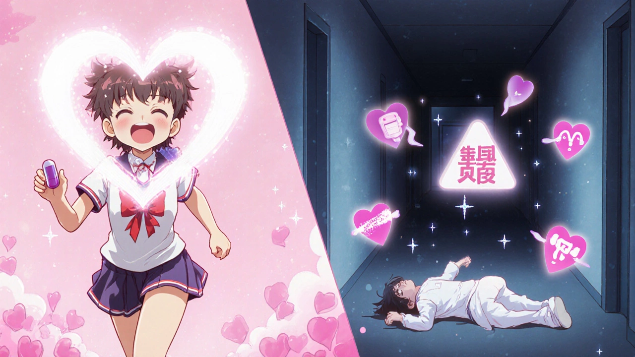 Split scene: a healthy person jogging with a pill, contrasted with them collapsed as symbols of risk float around.