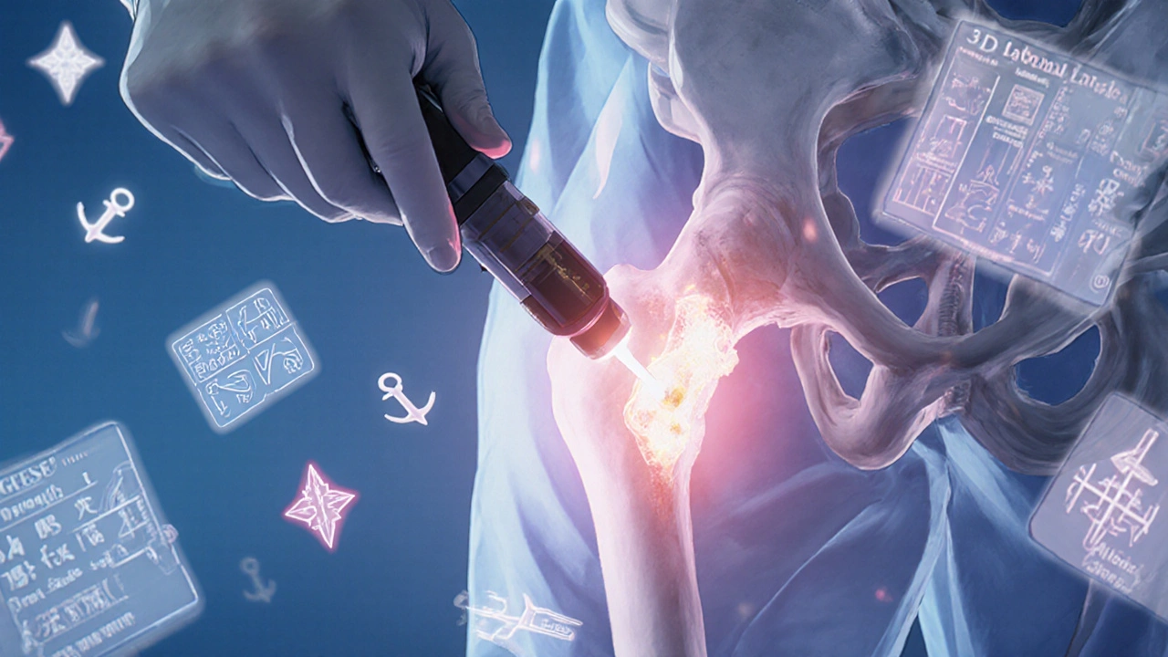 Surgeon performing arthroscopy with animated labral tear and floating medical runes