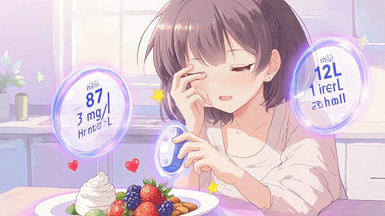 Woman checking blood sugar with glowing numerical targets and healthy foods around her.