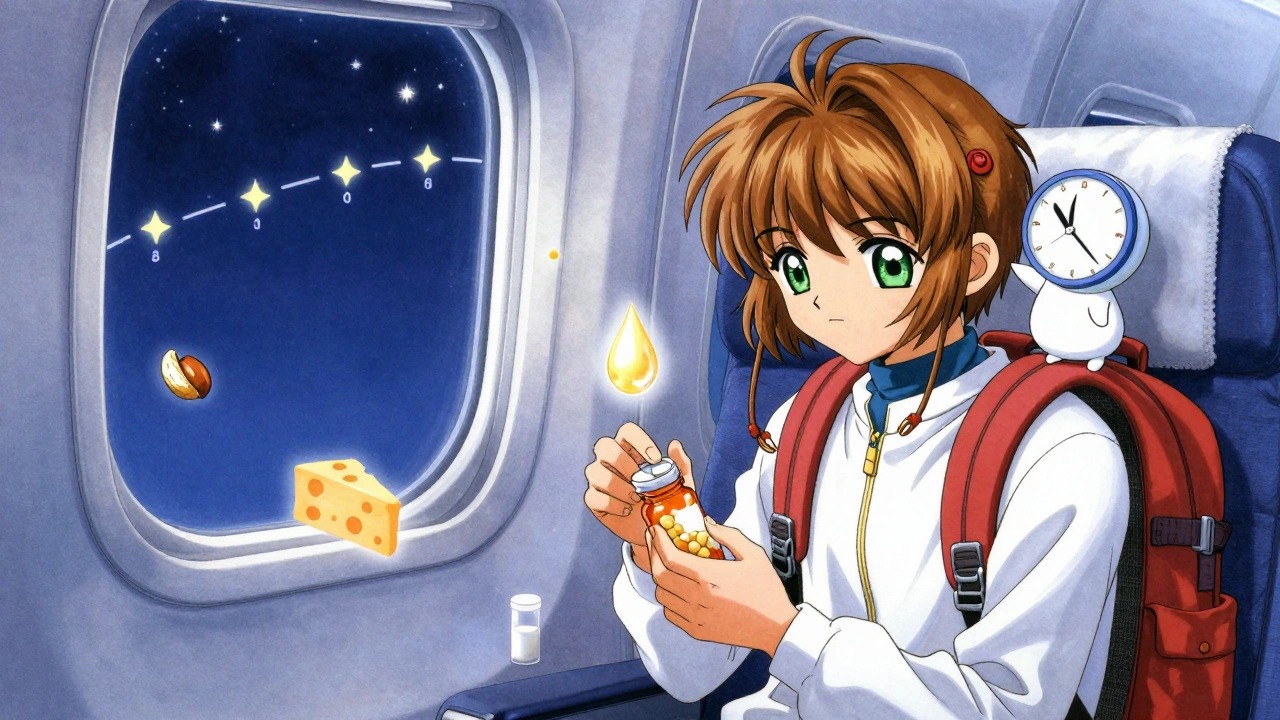 A backpacker on a plane receiving a glowing fat droplet to help absorb their antimalarial pill.