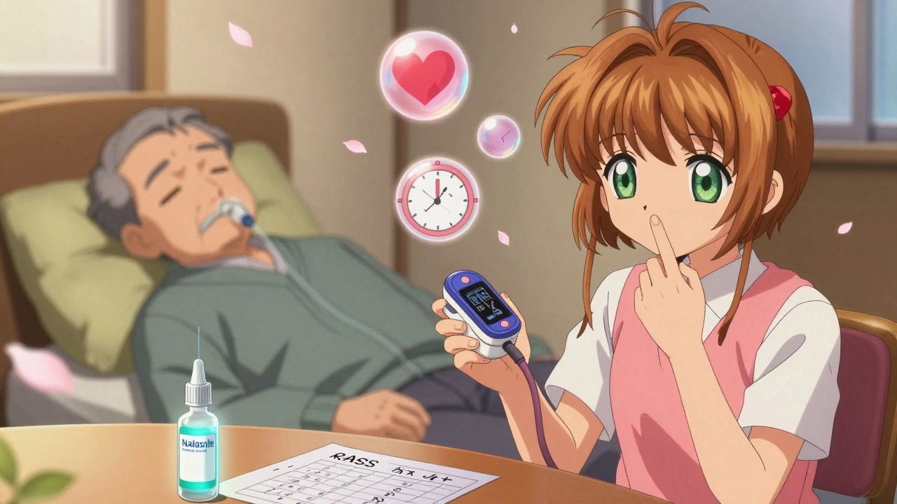 A caregiver realizes a senior's slow breathing at home, naloxone and RASS chart visible, glowing warning symbols and sakura petals surround them.