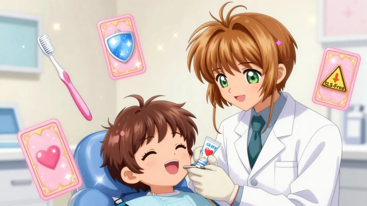 A dentist examining a child’s mouth with enchanted dental tools floating like magical cards.