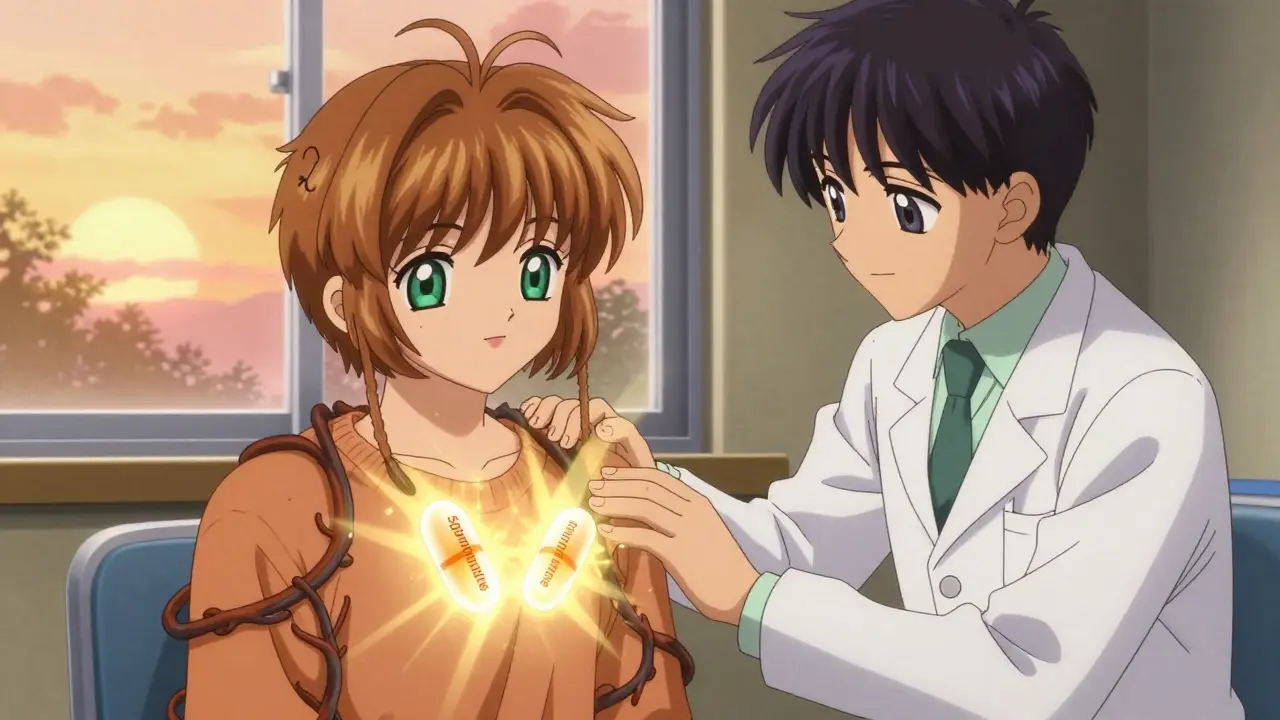 A doctor and patient with glowing diuretic pills emitting golden light, pushing back sodium vines in a warm sunrise setting.