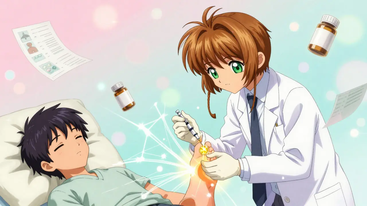 A doctor injecting a golden steroid solution into a swollen big toe, with energy waves radiating outward in anime style.