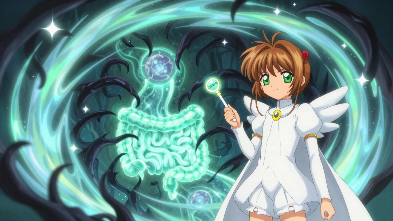 A glowing gate blocks dark shadows from entering an intestinal pathway, with a key labeled &#039;Entyvio&#039; in hand.