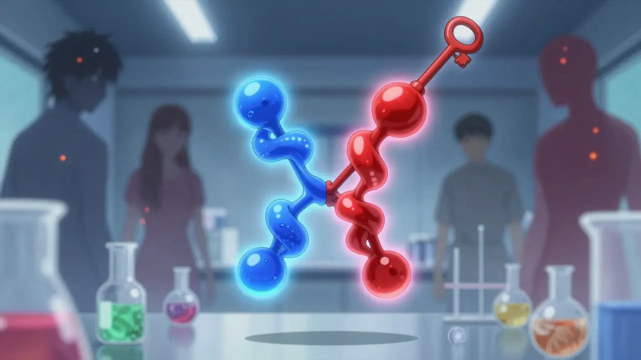 A glowing H1 receptor with one side calm blue and the other twisted crimson, activated by a turning key.