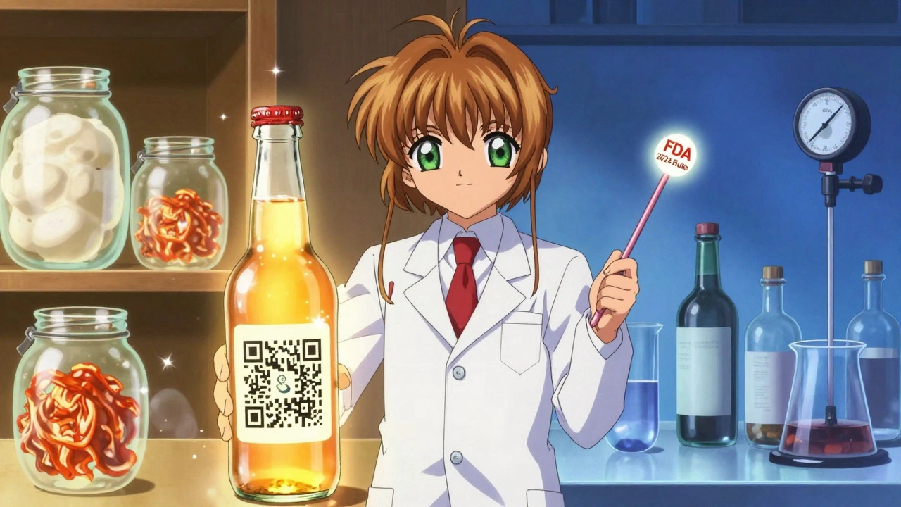 A glowing QR code reveals alcohol levels in kombucha, with safe alternatives nearby.