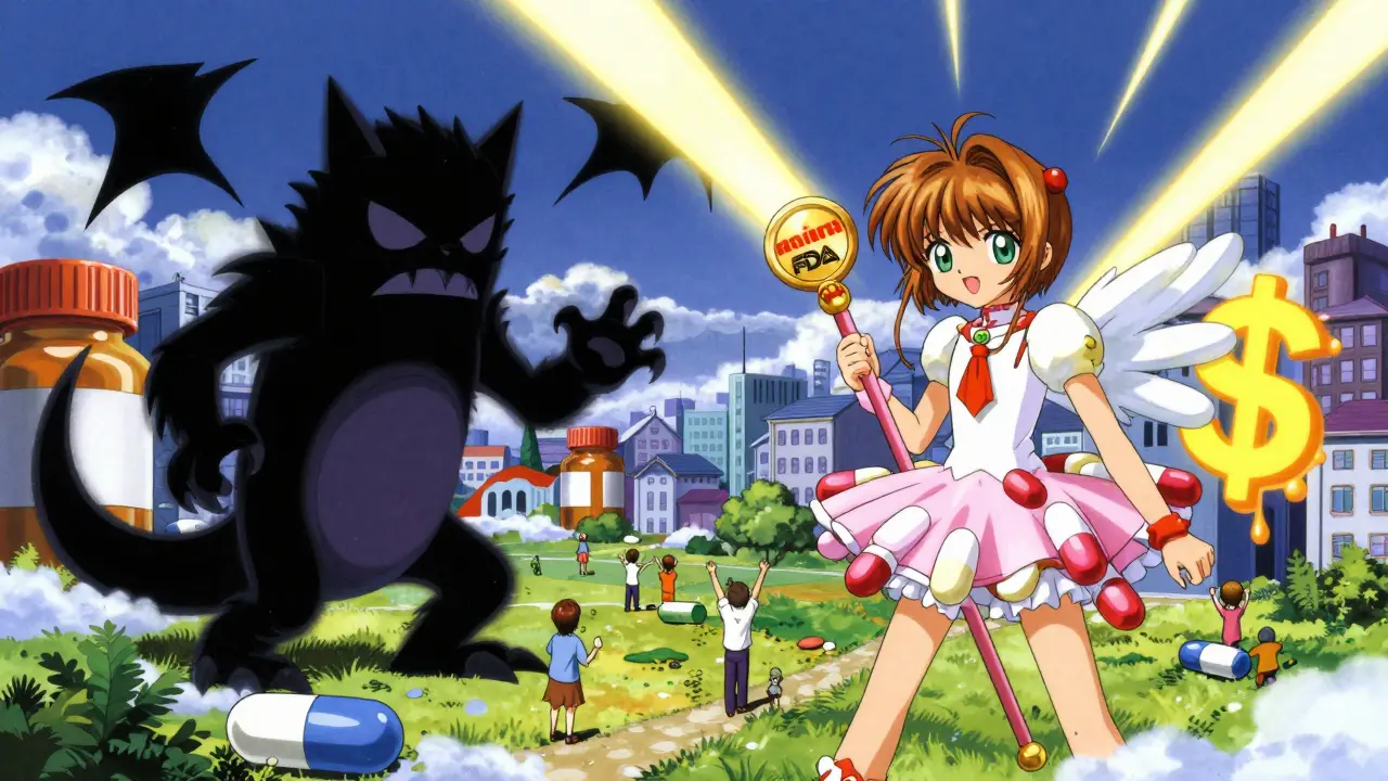 A heroic figure made of generic pills defeats shadowy myths of drug inferiority in a symbolic urban landscape.