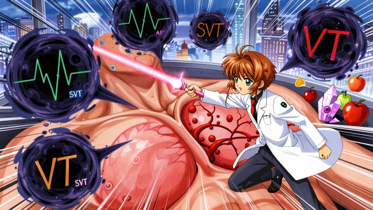A heroic figure using a glowing wand to fight abnormal heart signals inside a chest battlefield.
