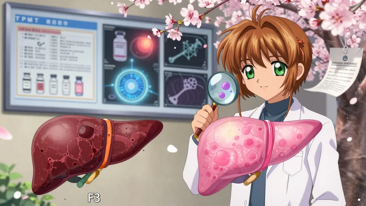 A liver transforms from scarred to healthy as healing cells glow among medical symbols.