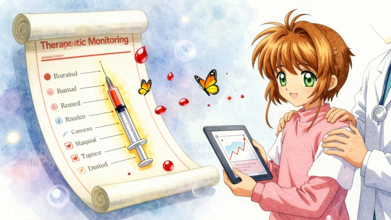 A medical scroll transforms into butterflies as blood droplets rise, symbolizing successful drug monitoring.