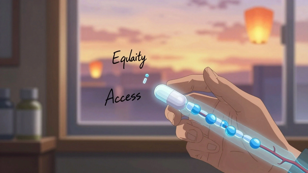 A patient&#039;s hand holding a generic pill with a glowing bloodstream comparison and floating safety symbols.