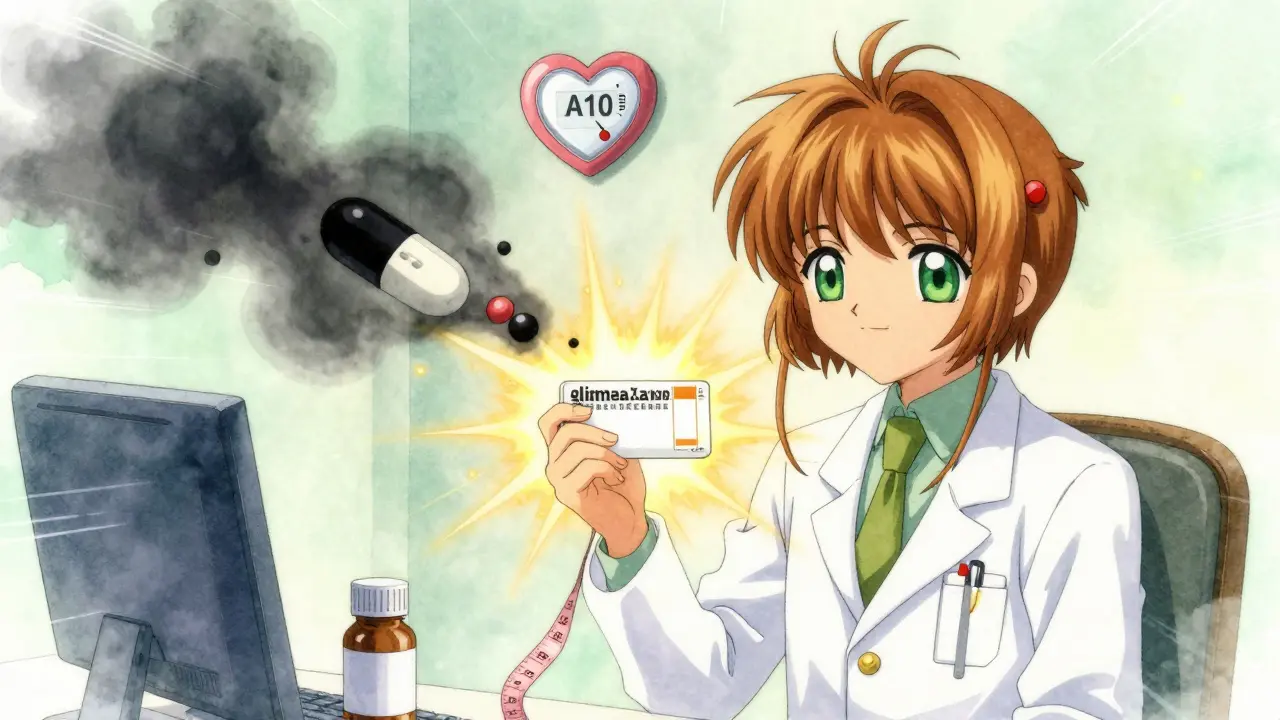 A patient holding a gliclazide prescription as golden light dispels shadowy pills, with a rising tape measure and falling A1C meter.