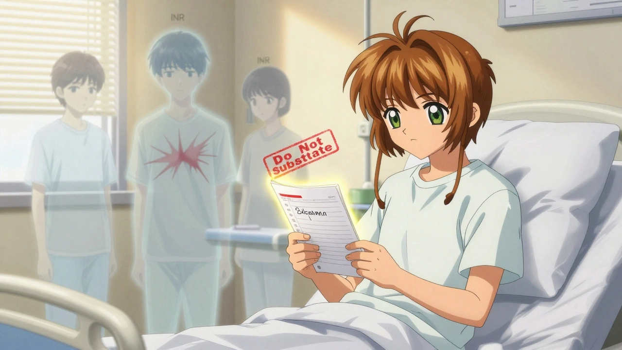 A patient holds a medication log as ghostly figures of past reactions fade behind them, with a &#039;Do Not Substitute&#039; stamp glowing above.