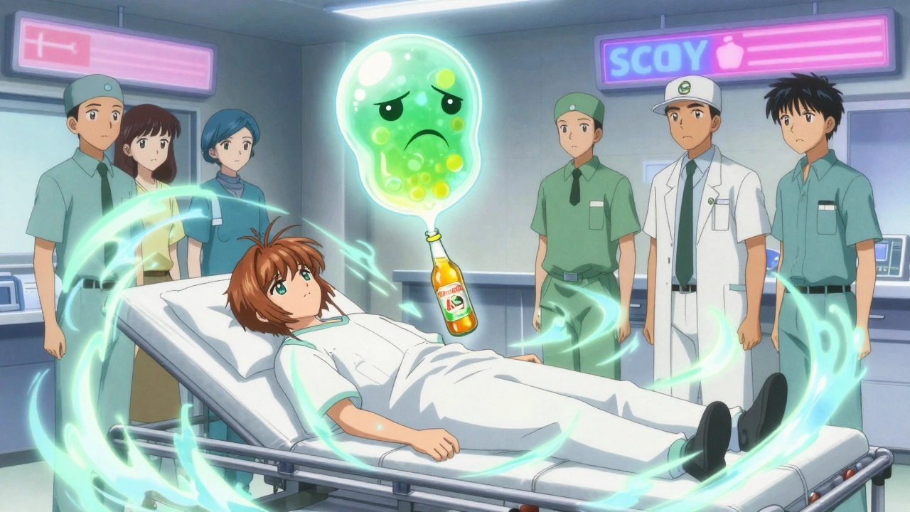 A patient in an ER is surrounded by swirling energy from a kombucha-alcohol reaction.