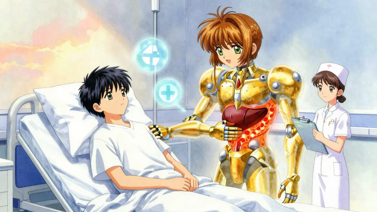 A patient is comforted by steroid and azathioprine guardians fighting liver inflammation.